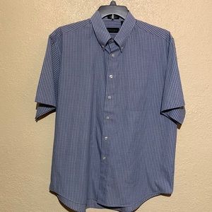 Van Heusen Men's Shirt Blue White L 15 16 1/2 Short Sleeve Stripes Plaid Cotton